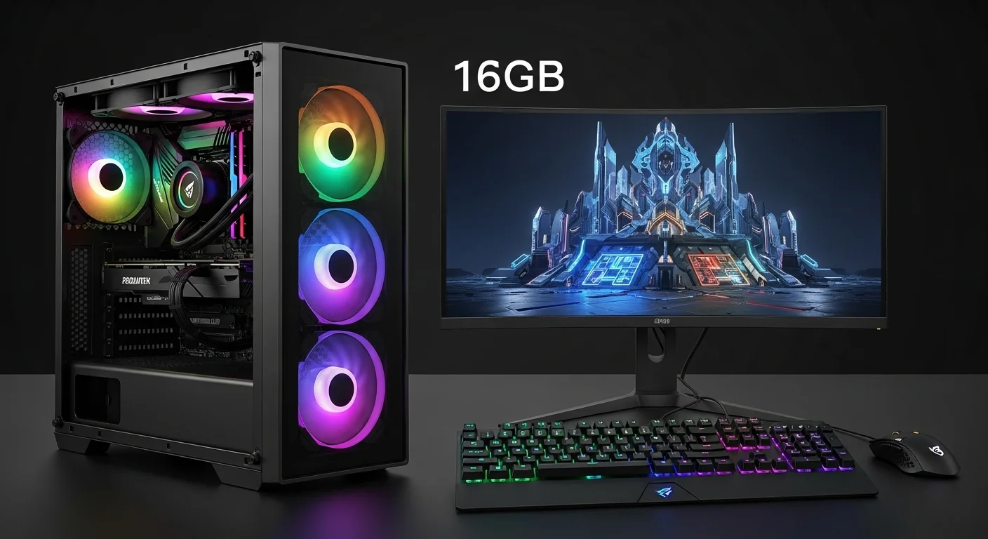 Moderna computadora Pc 16gb con iluminación RGB, junto a un monitor curvo y periféricos gaming, representando un setup de alto rendimiento.