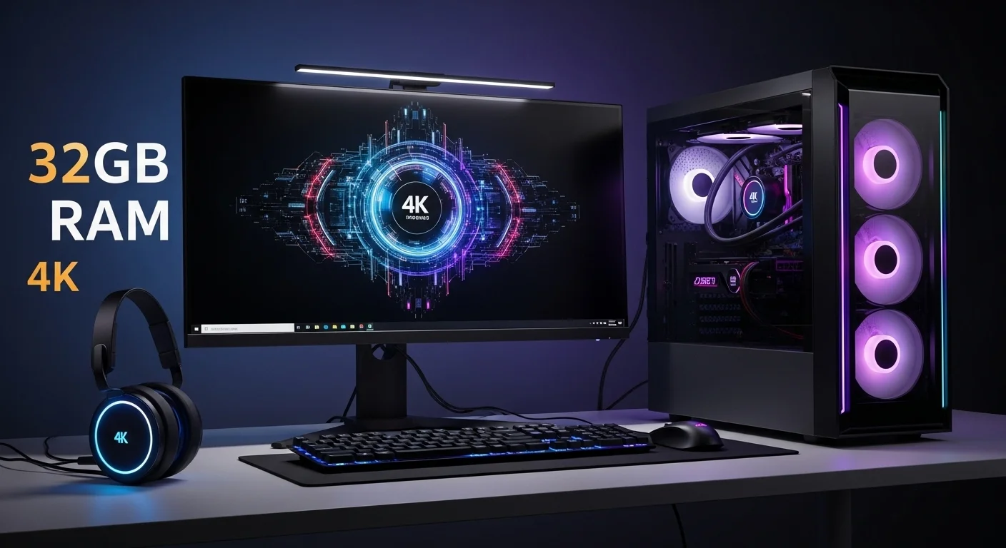 Estación de trabajo moderna con una potente computadora Pc 32gb, mostrando gráficos complejos en un monitor 4K, reflejando alto rendimiento.
