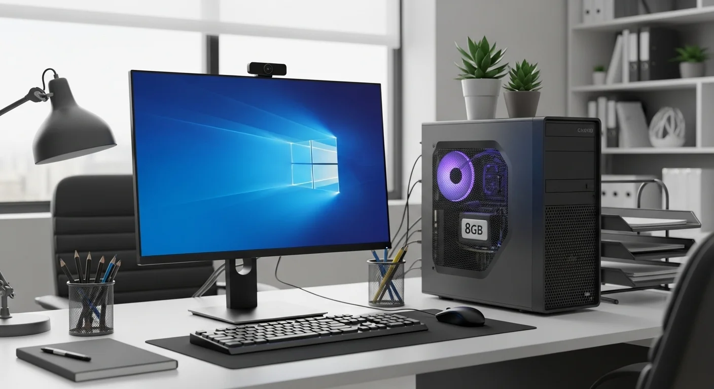 Moderna estación de trabajo de oficina con una computadora pc 8gb ram, un monitor y periféricos sobre un escritorio limpio.
