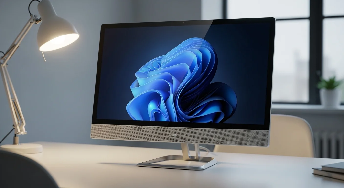 Una computadora Pc All in One de diseño moderno sobre un escritorio de oficina limpio, mostrando elegancia y tecnología.