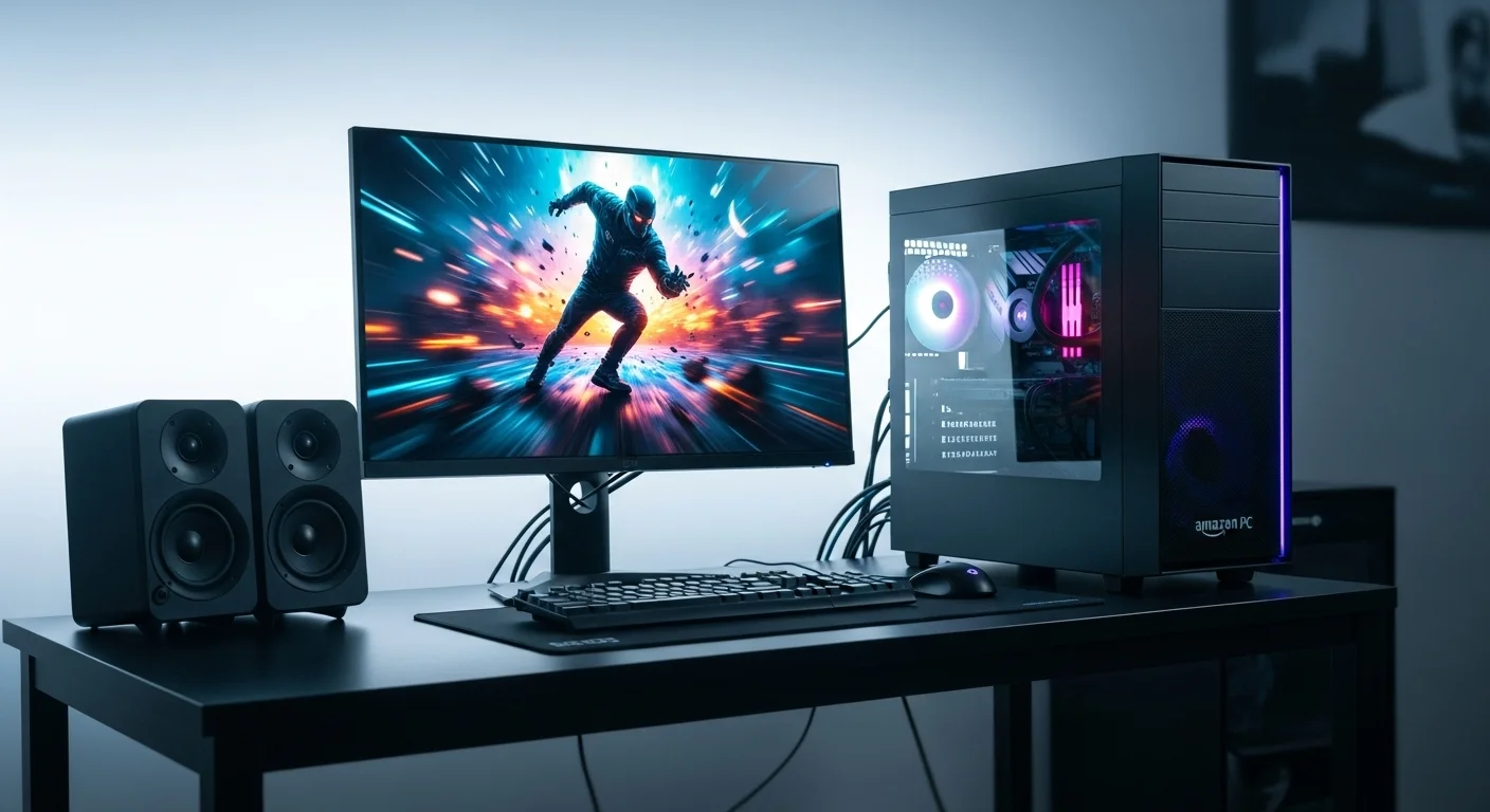 Un setup de computadora completo con una Pc Amazon, un monitor de alta resolución y altavoces, mostrando un entorno de trabajo y gaming moderno.