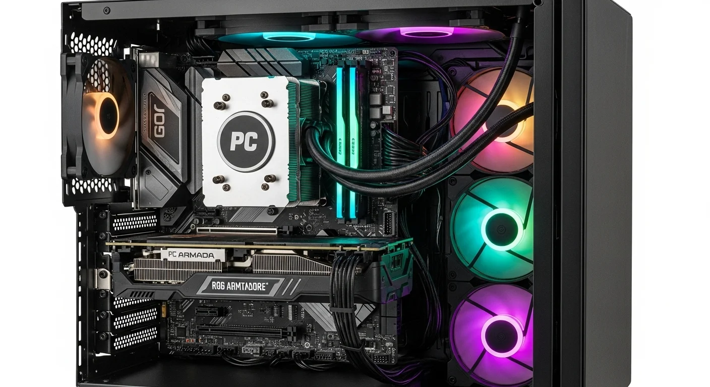 Componentes de una Pc Armada con iluminación RGB, mostrando una tarjeta gráfica, memoria RAM y un procesador sobre una placa base.