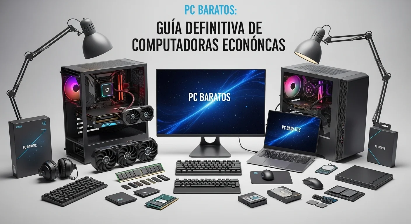 Escritorio de trabajo con varias computadoras y componentes que ilustran el concepto de Pc Baratos y buenos.