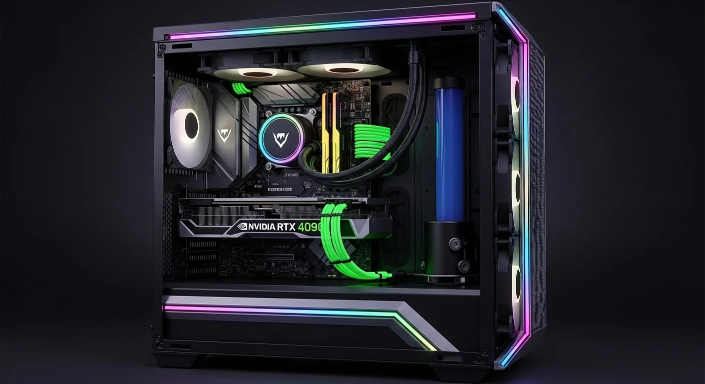 Computadora de Pc Gaming de alto rendimiento con iluminación RGB, refrigeración líquida y una tarjeta gráfica pc gaming rtx 4090 visible en su interior.