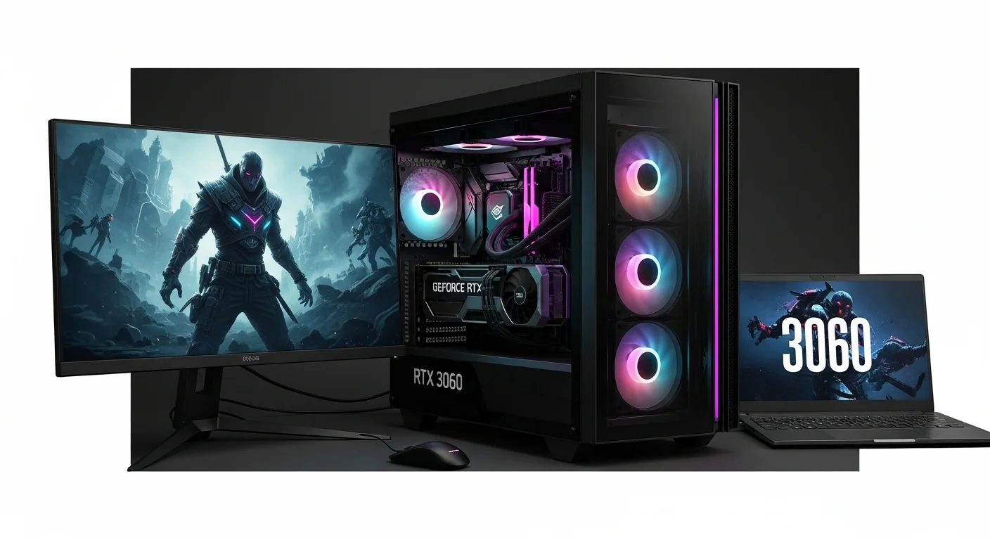 Una computadora PC gaming de alto rendimiento con iluminación RGB y una tarjeta gráfica NVIDIA GeForce RTX 3060 visible en su interior. En el monitor se muestra un videojuego con gráficos de alta calidad. Cerca hay una laptop 3060.