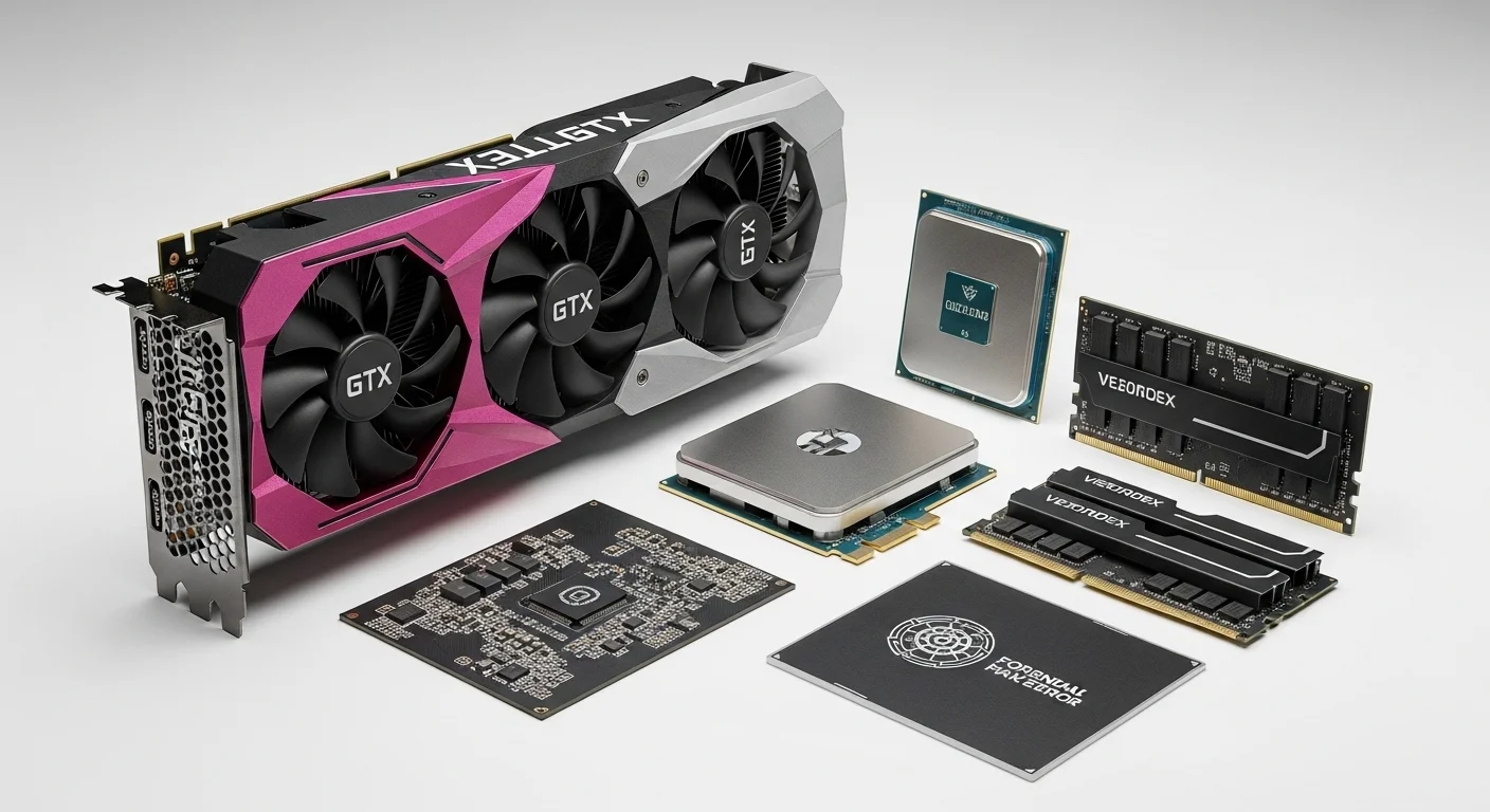 Componentes de una computadora Pc Gtx, incluyendo tarjeta gráfica, procesador y memoria RAM sobre una superficie moderna