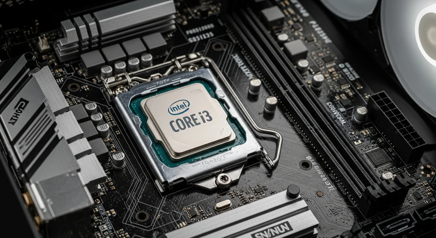Vista detallada de los componentes internos de una computadora pc i3, mostrando el procesador Intel Core i3 en la placa base.
