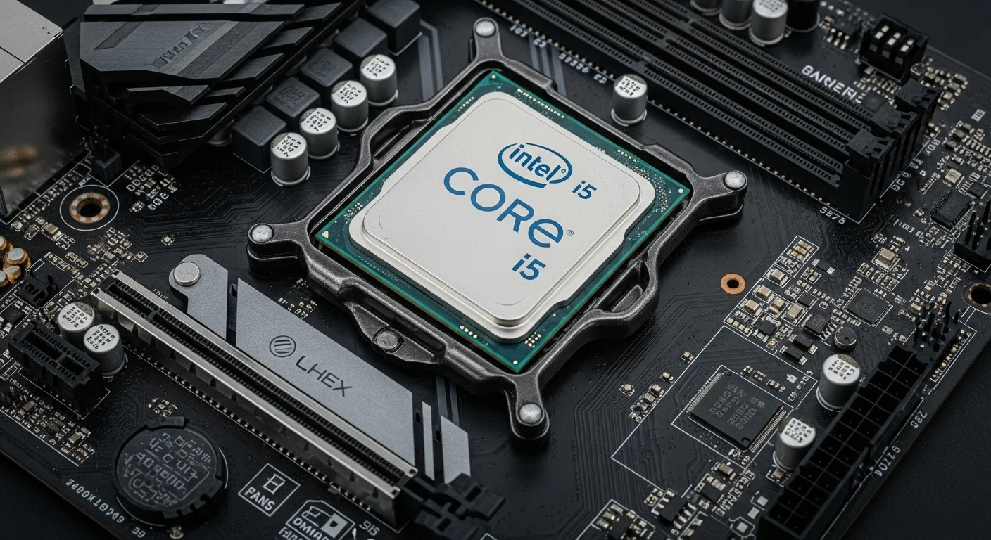 Componentes de computadoras y tecnología, destacando un procesador Pc I5 en una placa base moderna.