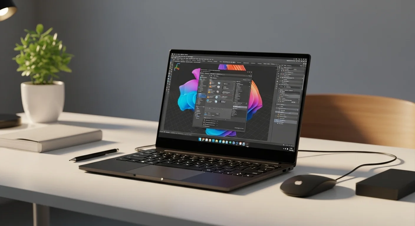 Una moderna Pc Portatil sobre un escritorio minimalista, mostrando la versatilidad de las computadoras portátiles.