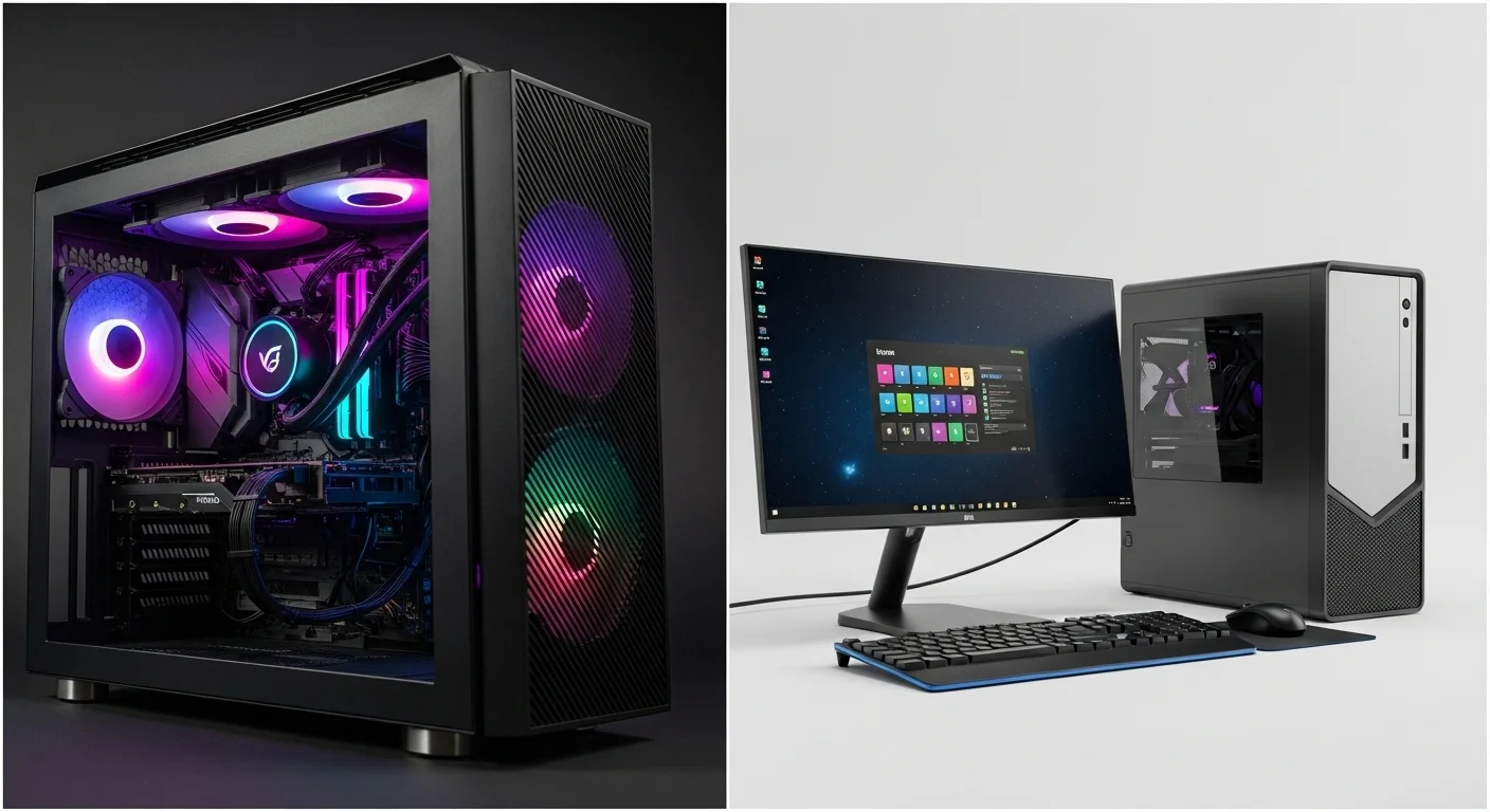 Collage de computadoras mostrando una PC gamer con luces RGB y una PC de escritorio para oficina, simbolizando la diversidad de Pc Precio.