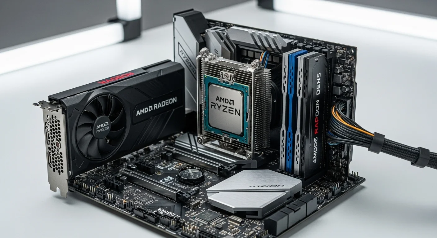 Componentes de una computadora Pc Ryzen de alto rendimiento, mostrando el procesador, tarjeta gráfica y memoria RAM sobre una placa base.