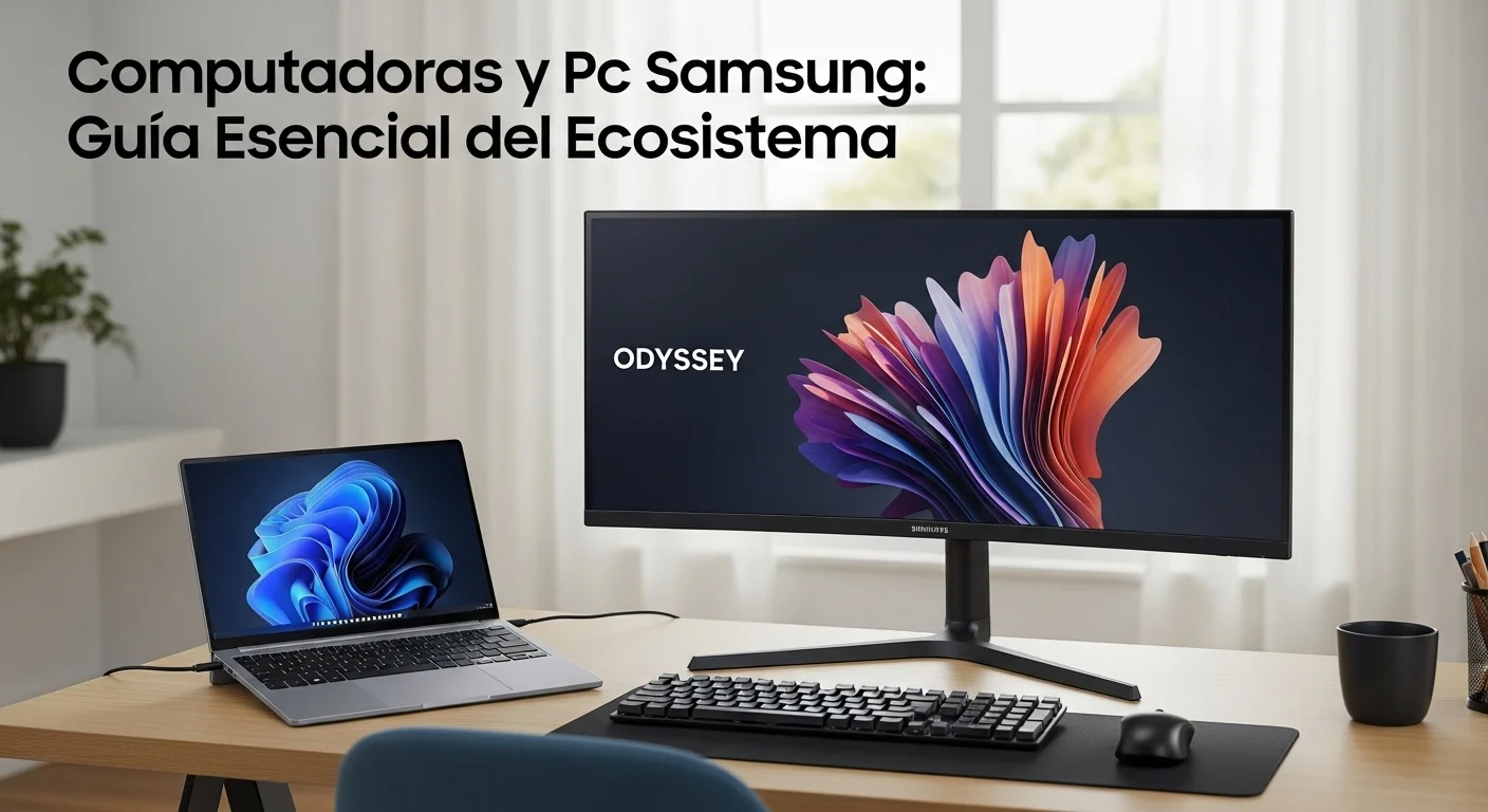 Un moderno escritorio con una laptop Pc Samsung Galaxy Book conectada a un monitor curvo Odyssey, mostrando la sinergia del ecosistema de computadoras Samsung.