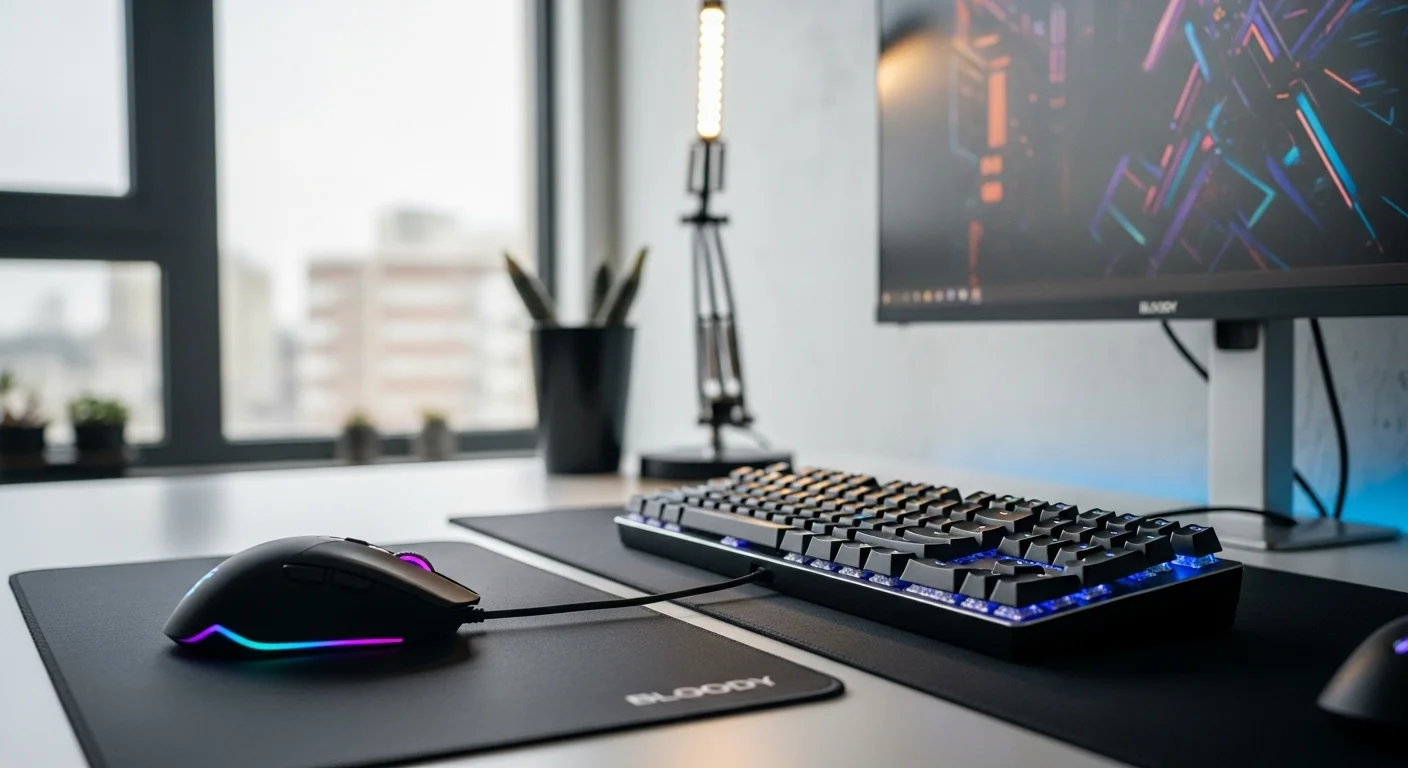 Un set de periféricos Bloody para computadoras, incluyendo un mouse iluminado y un teclado mecánico, sobre un escritorio de gaming.