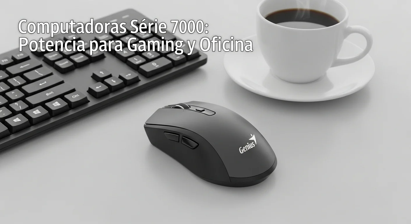 Primer plano de accesorios tecnológicos, destacando un ratón inalámbrico Genius NX-7000 junto a un teclado y una taza de café, simbolizando la productividad y la versatilidad.