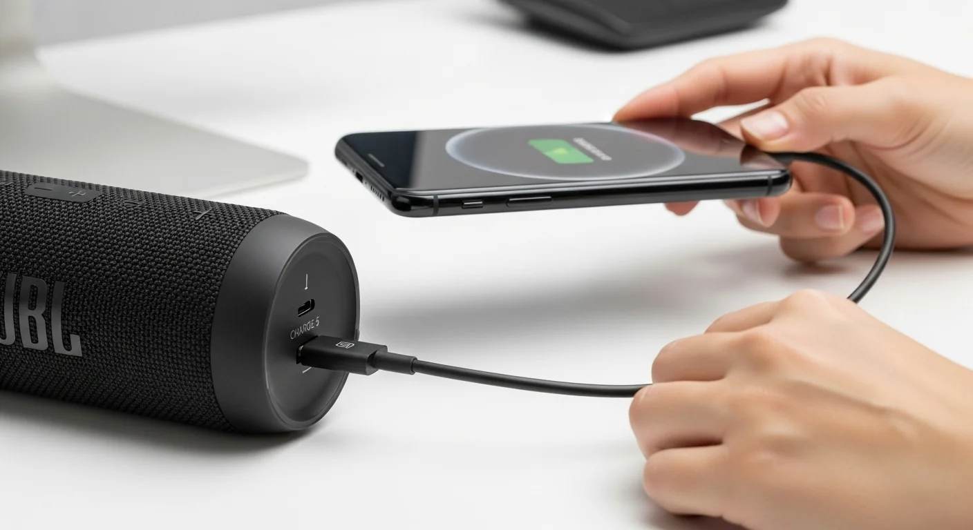 Primer plano de una persona conectando un smartphone al puerto USB-C de una bocina JBL Charge 5 para cargarla, destacando su función de powerbank en un entorno tecnológico.