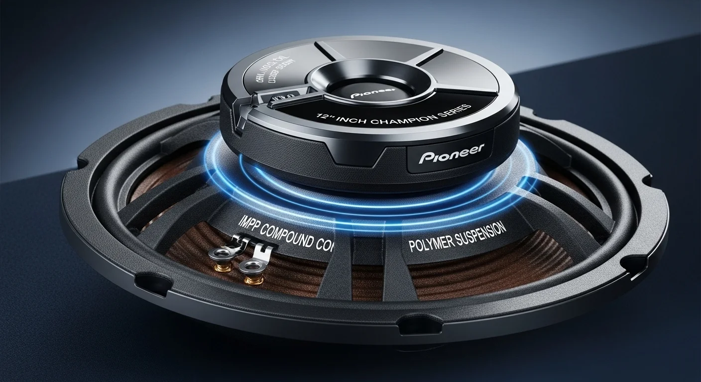 Primer plano de una bocina Pioneer 12 doble bobina Champion Series, destacando el cono de compuesto IMPP y la suspensión de polímero, representando la alta calidad en accesorios de audio para computadoras.