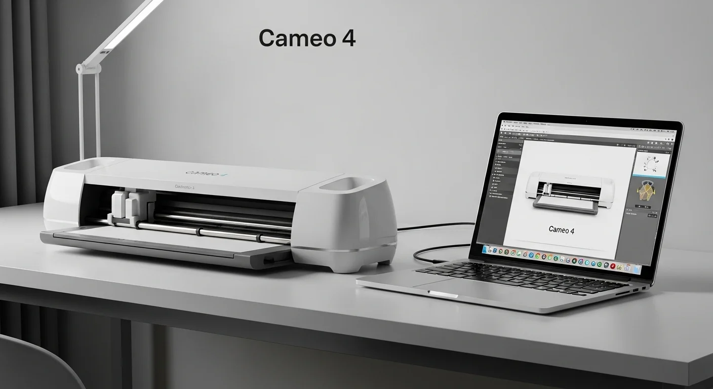 Plotter de corte Cameo 4 en un escritorio moderno conectado a una potente laptop, ilustrando la sinergia entre computadoras y Cameo.