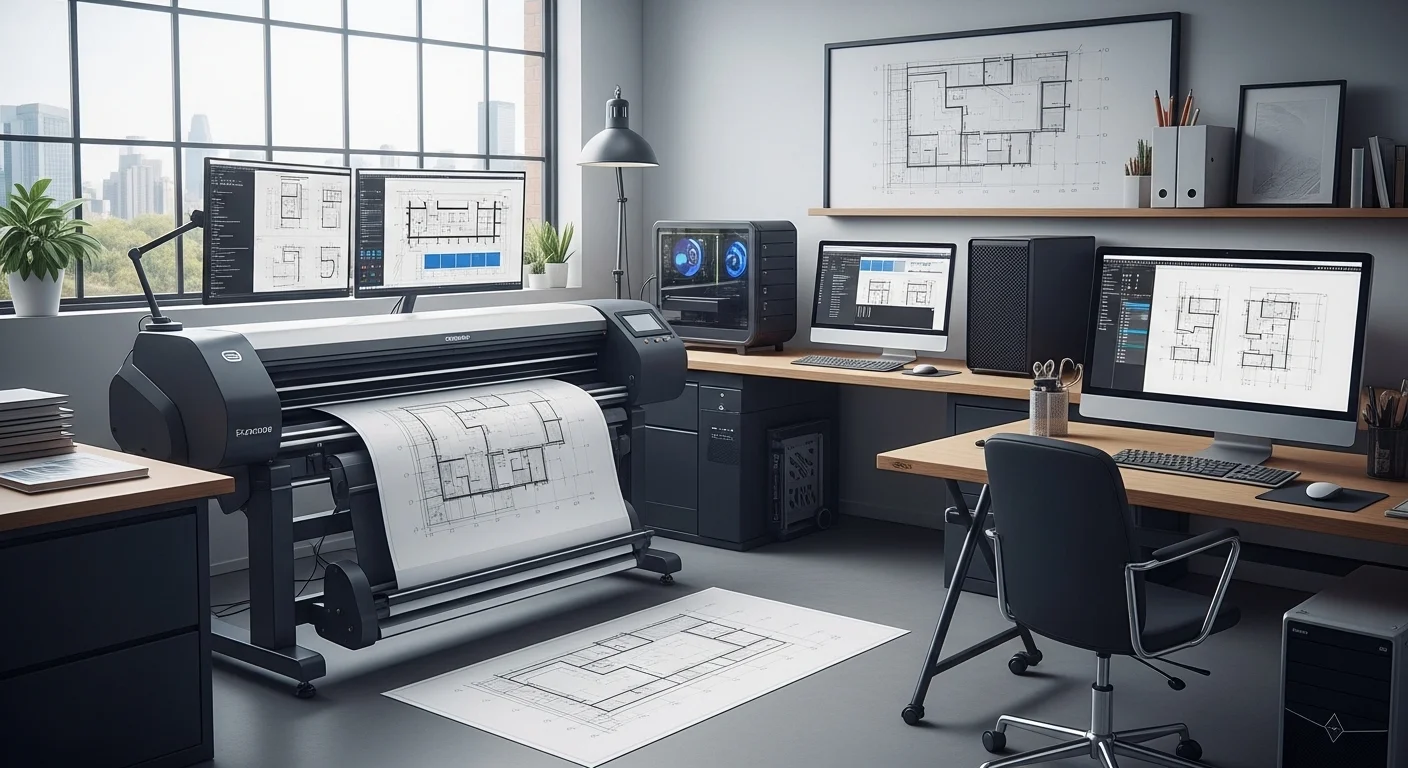 Una impresora plotter de gran formato trabajando con computadoras en un estudio de diseño, mostrando planos de arquitectura.