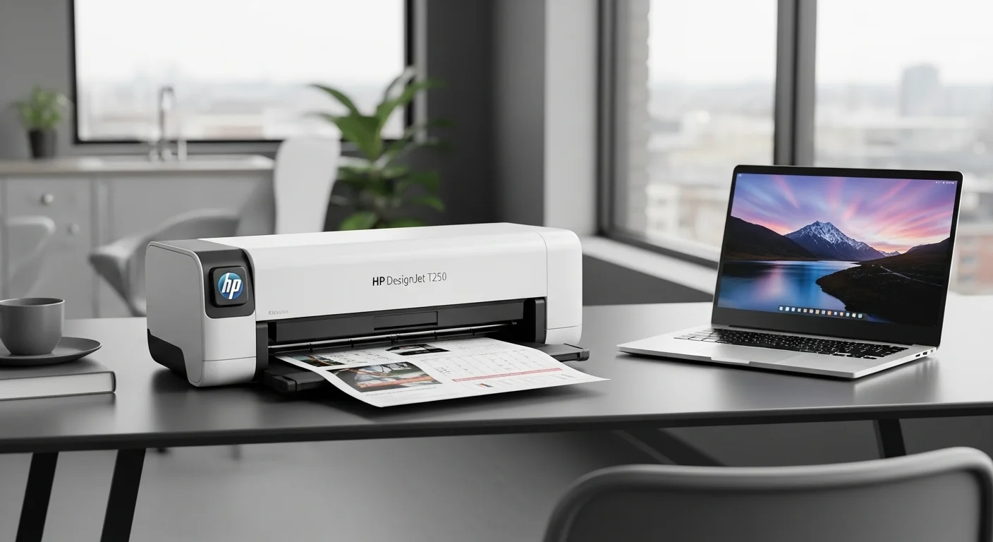 Plotter HP DesignJet T250 en un escritorio de oficina moderno junto a una computadora portátil, mostrando su diseño compacto.