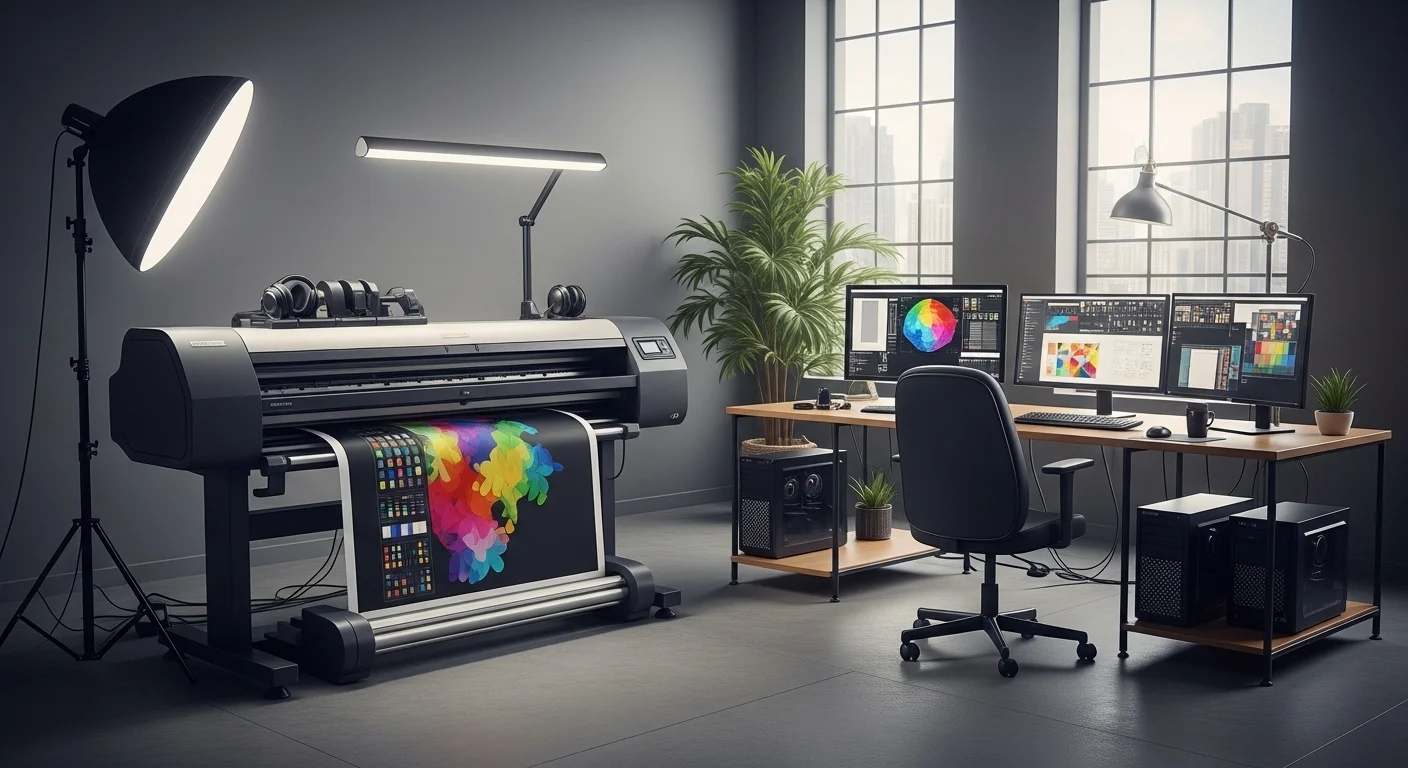 Moderno plotter de impresion de gran formato en una oficina de diseño, conectado a una estación de trabajo con computadoras de alto rendimiento.