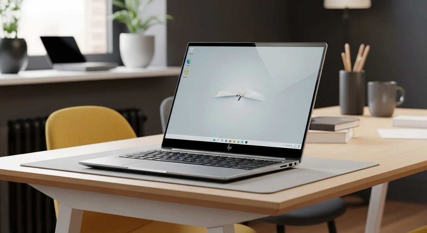 Un elegante portátil HP Spectre sobre un escritorio moderno, mostrando el diseño premium de las computadoras HP.