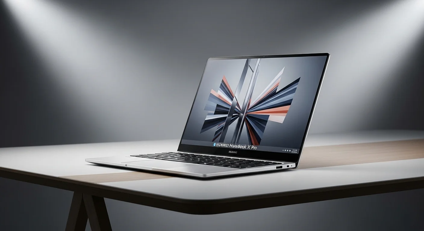 Una computadora portátil Huawei MateBook X Pro en un escritorio moderno, mostrando su diseño elegante y pantalla FullView.