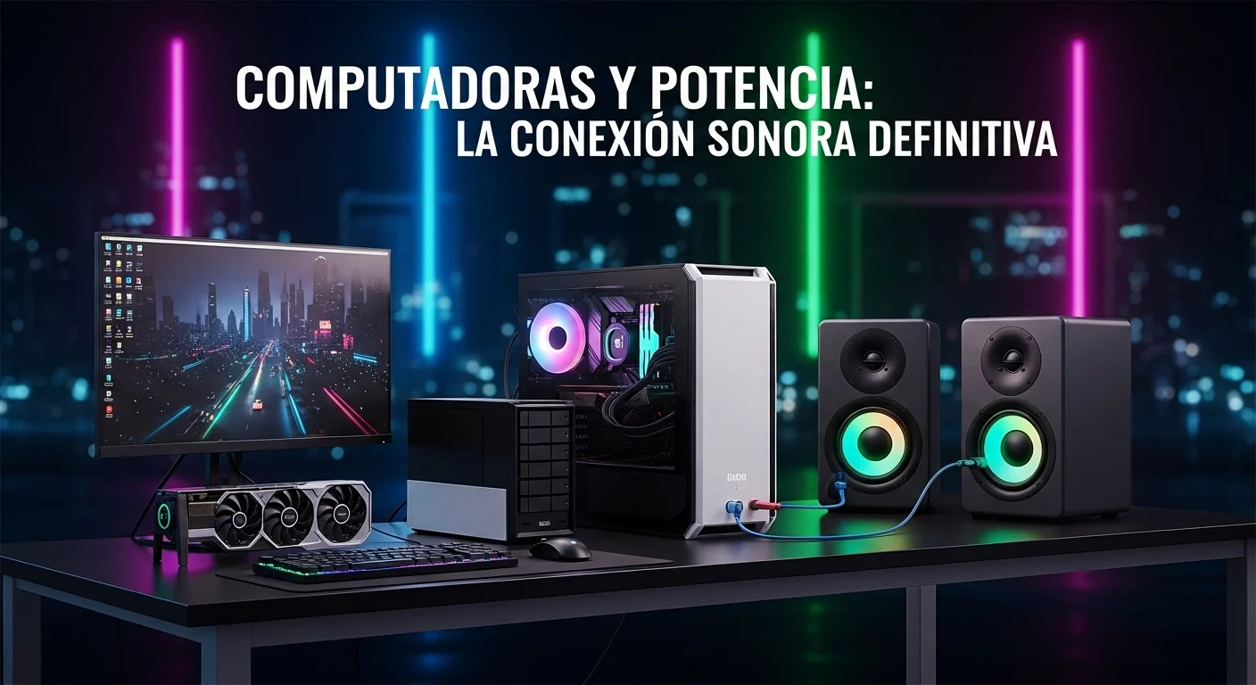 Imagen mostrando una configuración de computadora de alto rendimiento conectada a un par de parlantes potenciados de estudio, con luces de neón en el fondo simbolizando la potencia.