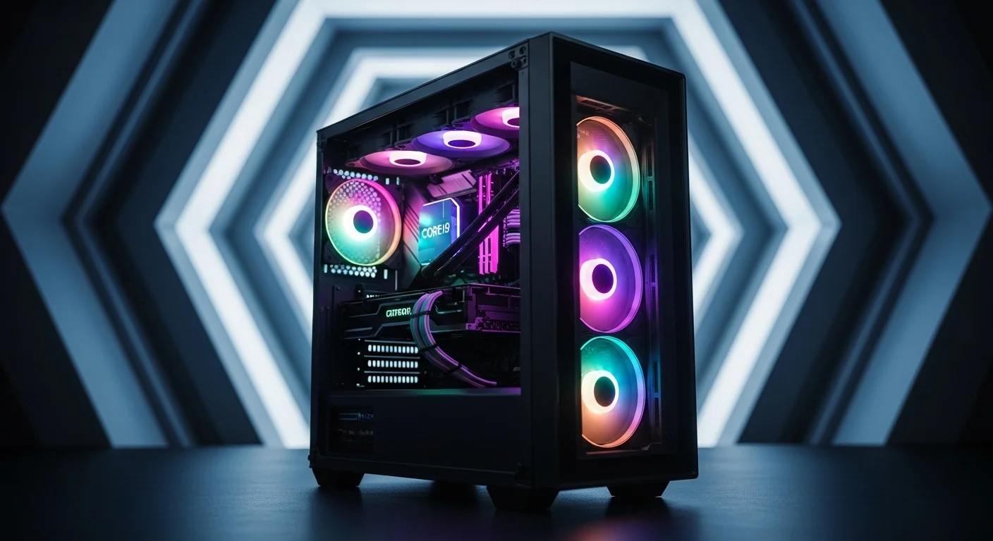 Una computadora pc gaming i9 de alto rendimiento con iluminación RGB y un potente procesador Intel Core i9 en su interior, lista para la acción.