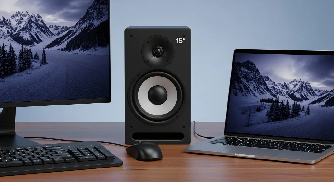 Una bocina de 15 pulgadas conectada a una moderna configuración de computadoras de escritorio y laptop, mostrando un ambiente tecnológico y de entretenimiento.