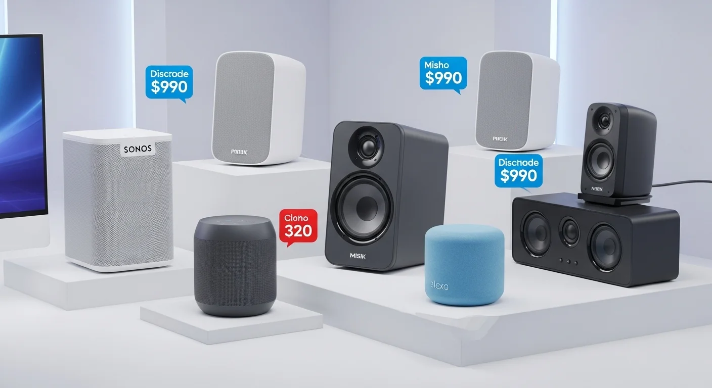 Variedad de bocinas para computadoras mostrando diferentes precios y modelos, incluyendo una bocina Sonos, una Misik y una Alexa.