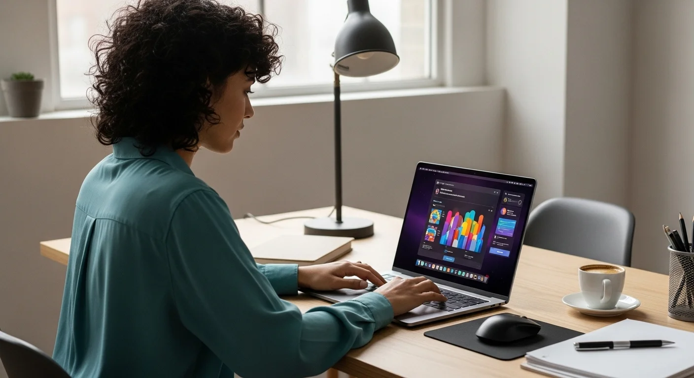 Una persona trabajando en una laptop moderna en un escritorio con accesorios tecnológicos