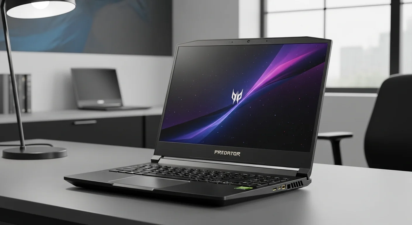 Una computadora portátil Acer Predator Triton 300 SE mostrada en un entorno profesional, destacando su diseño delgado y elegante y su portabilidad.