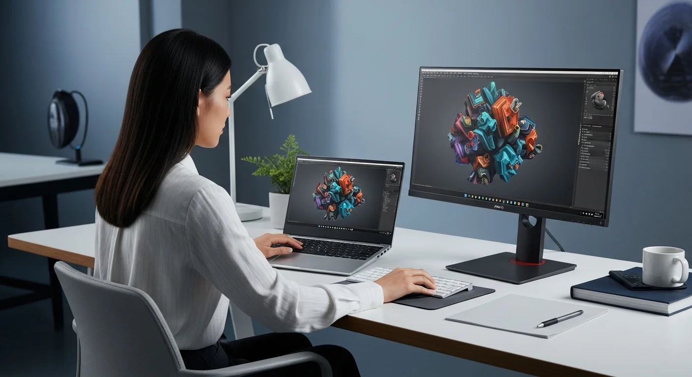 Un profesional creativo trabajando en un proyecto de diseño 3D usando una computadora Asus Proart Studiobook y un monitor Asus Proart PA329C.