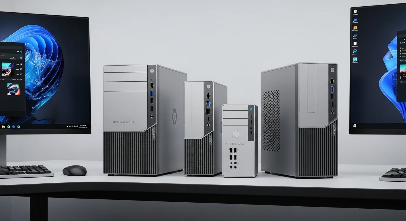 Tres computadoras HP Prodesk 600 G3 en sus formatos SFF y Mini sobre un escritorio tecnológico moderno