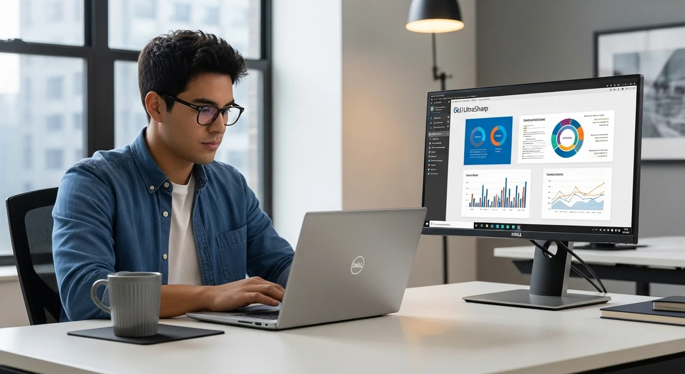 Usuario profesional utilizando una laptop Dell Latitude 5420 en un entorno de oficina moderno, conectada a un monitor Dell UltraSharp.