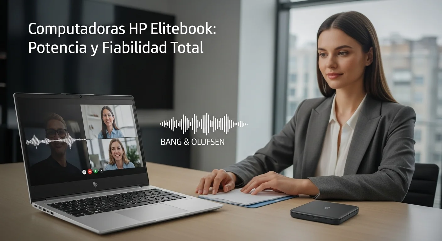 Un profesional en una videoconferencia utilizando una computadora HP Elitebook, destacando la claridad del audio gracias a la tecnología Bang & Olufsen y una pantalla nítida.