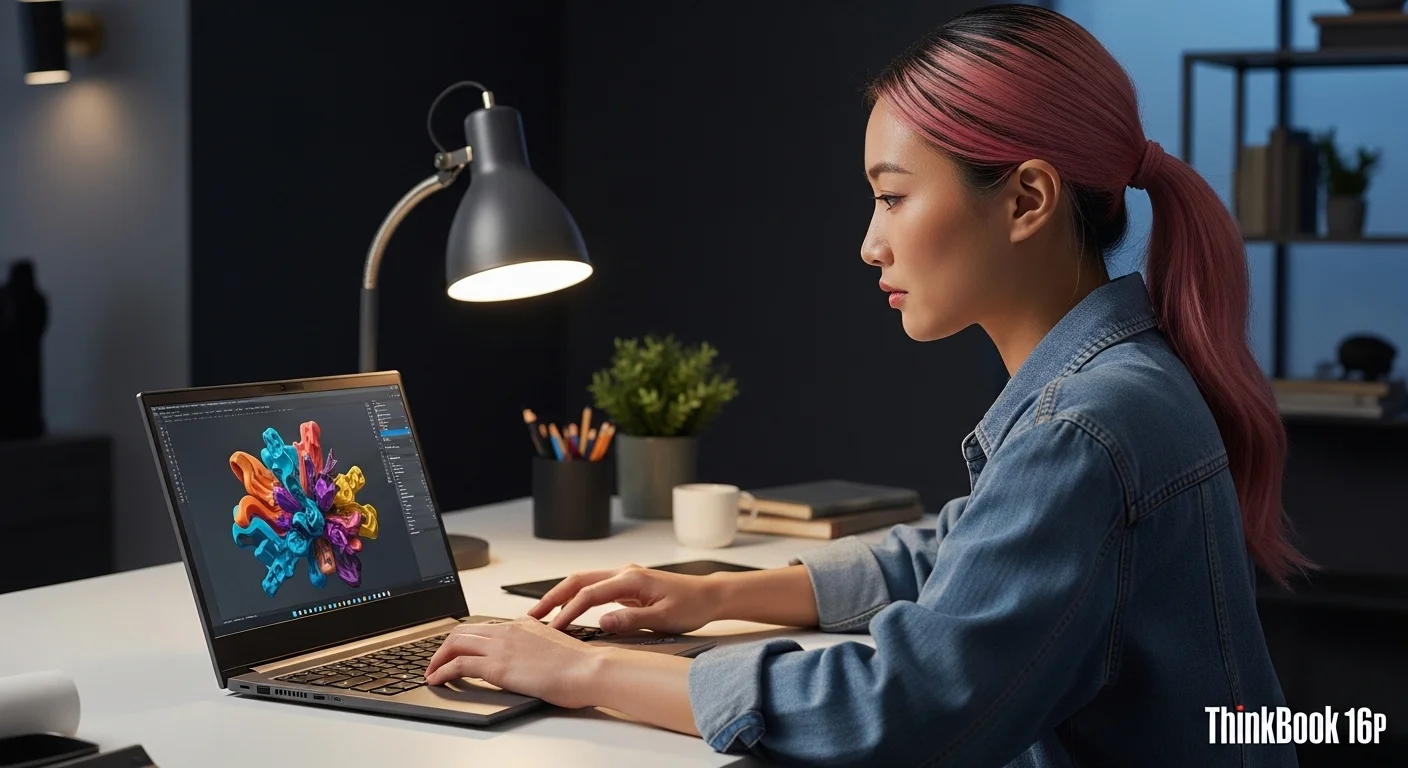 Un profesional creativo trabajando en una computadora Lenovo Thinkbook 16p, mostrando gráficos complejos en su pantalla de alta resolución.