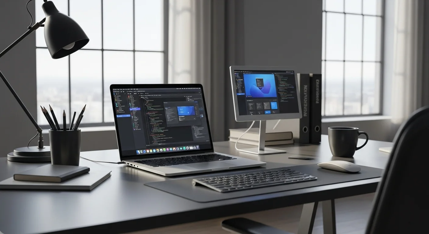 Una configuración de oficina moderna con una laptop mostrando código y varios programas, ilustrando el concepto de programas para computadoras.