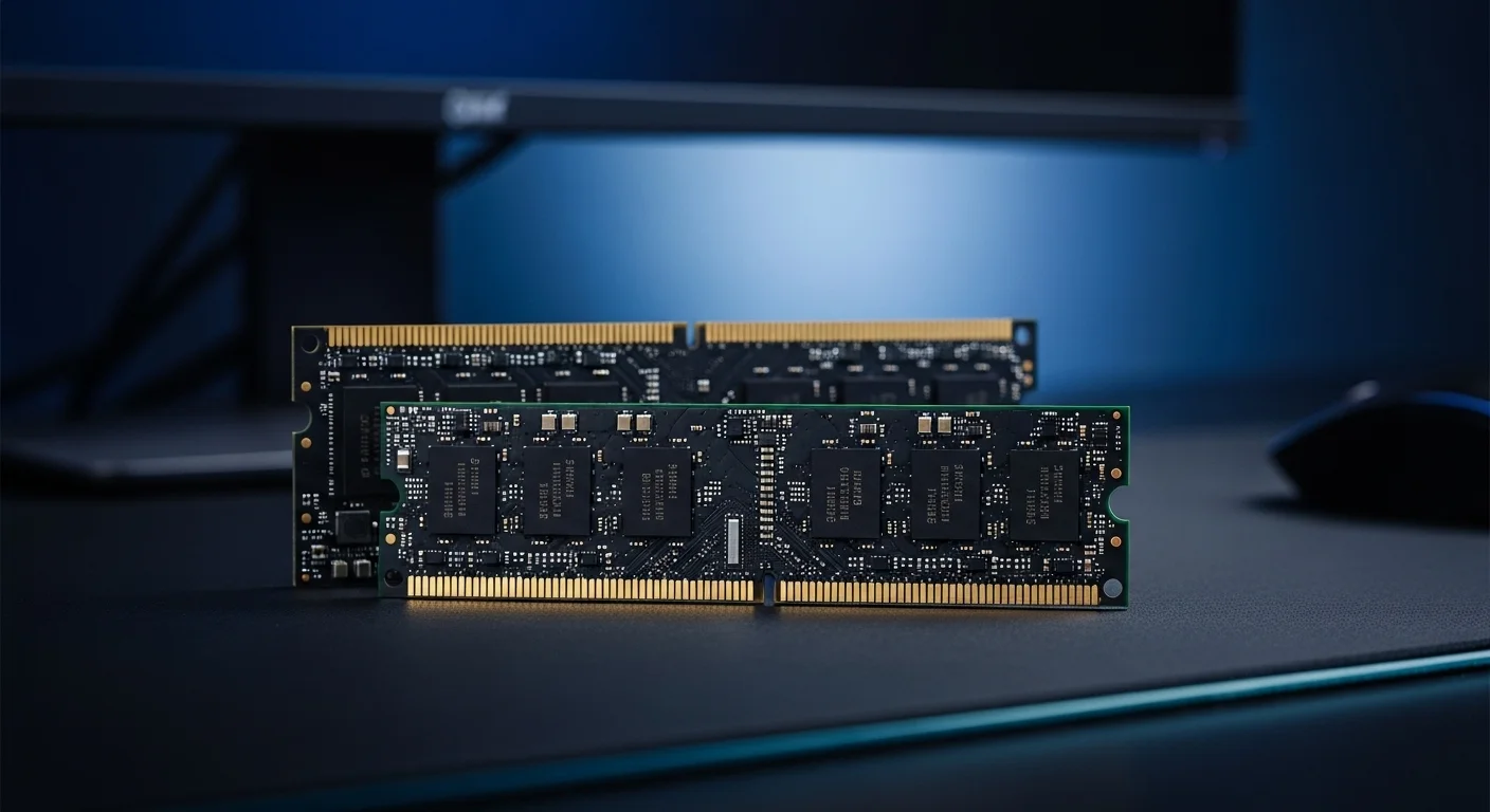 Módulos de memoria Ram Laptop tipo SO-DIMM sobre una mesa de trabajo de computadoras.