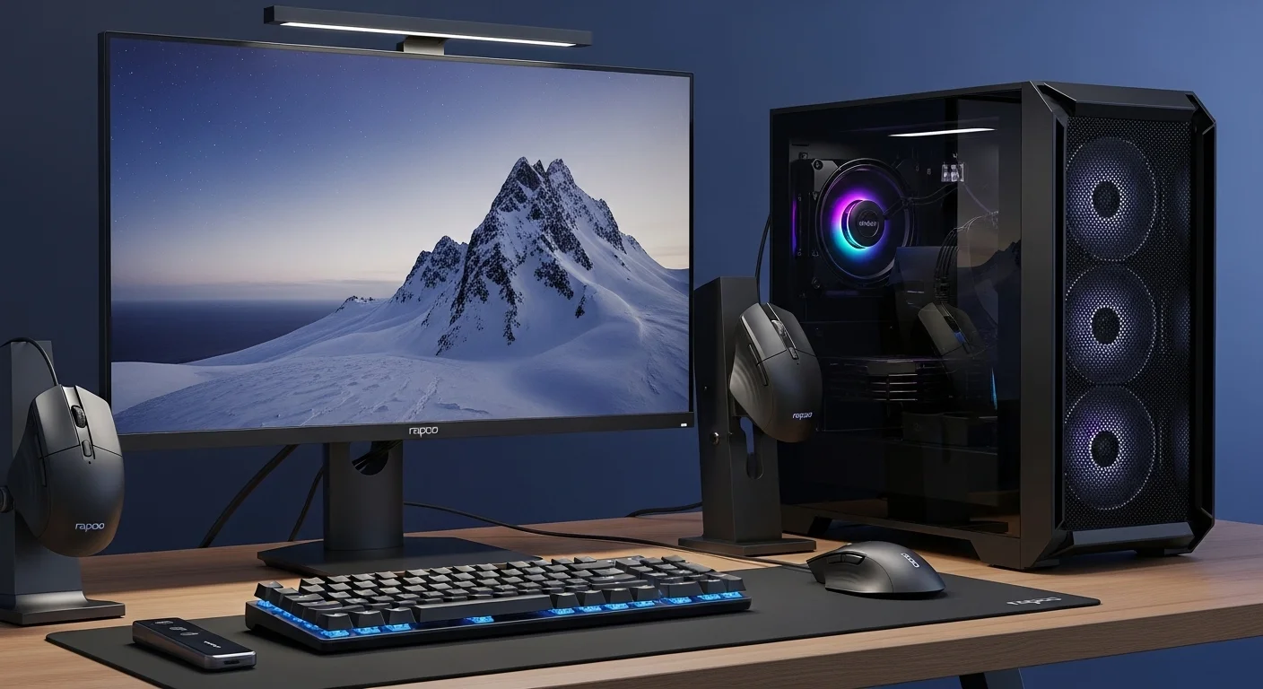Escritorio moderno con una computadora y varios periféricos inalámbricos de Rapoo, incluyendo un ratón y un teclado, destacando la tecnología y el diseño.