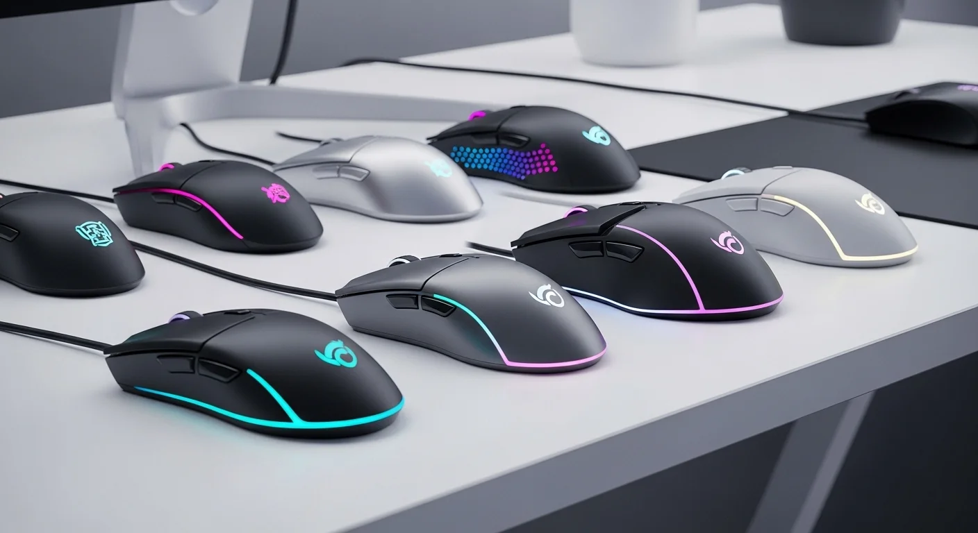Un bodegón de varios ratones gaming de diferentes marcas sobre un escritorio tecnológico, destacando la diversidad de periféricos para computadoras que utilizan sensores Pixart.