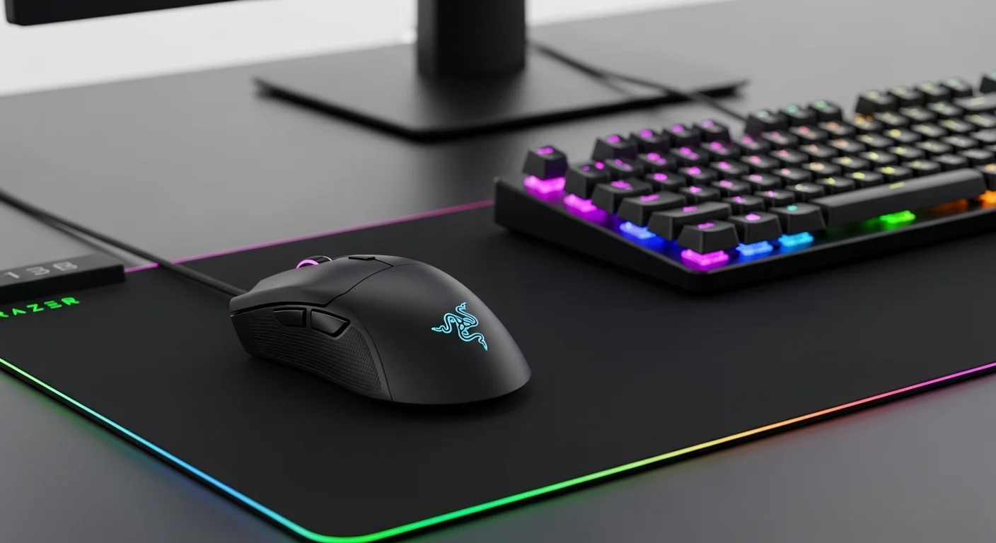 Un setup de computadoras profesional con el ratón Razer Deathadder V3 Pro en una alfombrilla junto a un teclado iluminado, representando la tecnología de gaming.
