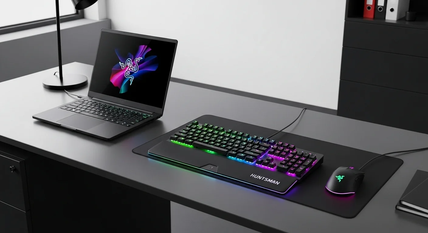 Escritorio moderno con computadoras y periféricos Razer, incluyendo una laptop Razer Blade, un mouse Basilisk V3 y un teclado Huntsman Mini iluminados con RGB.