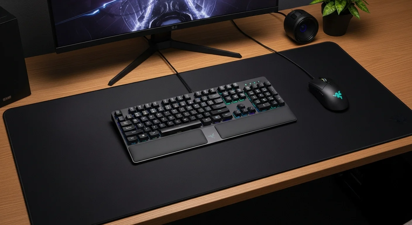 Setup de computadoras gaming con una alfombrilla Razer Gigantus V2 3XL cubriendo todo el escritorio, mostrando un teclado y un ratón sobre ella.