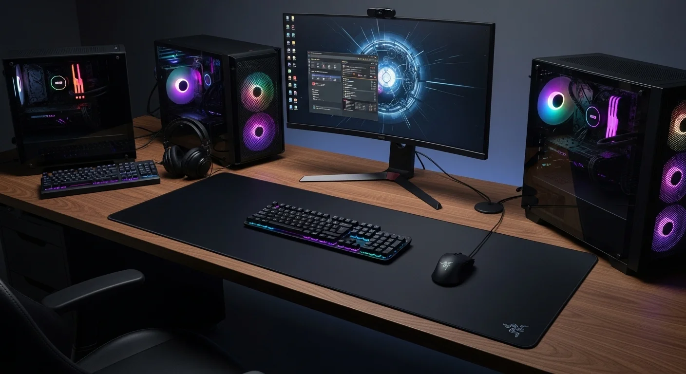 Escritorio de gaming con varias computadoras y una gran alfombrilla Razer Gigantus V2 XXL ocupando la superficie principal