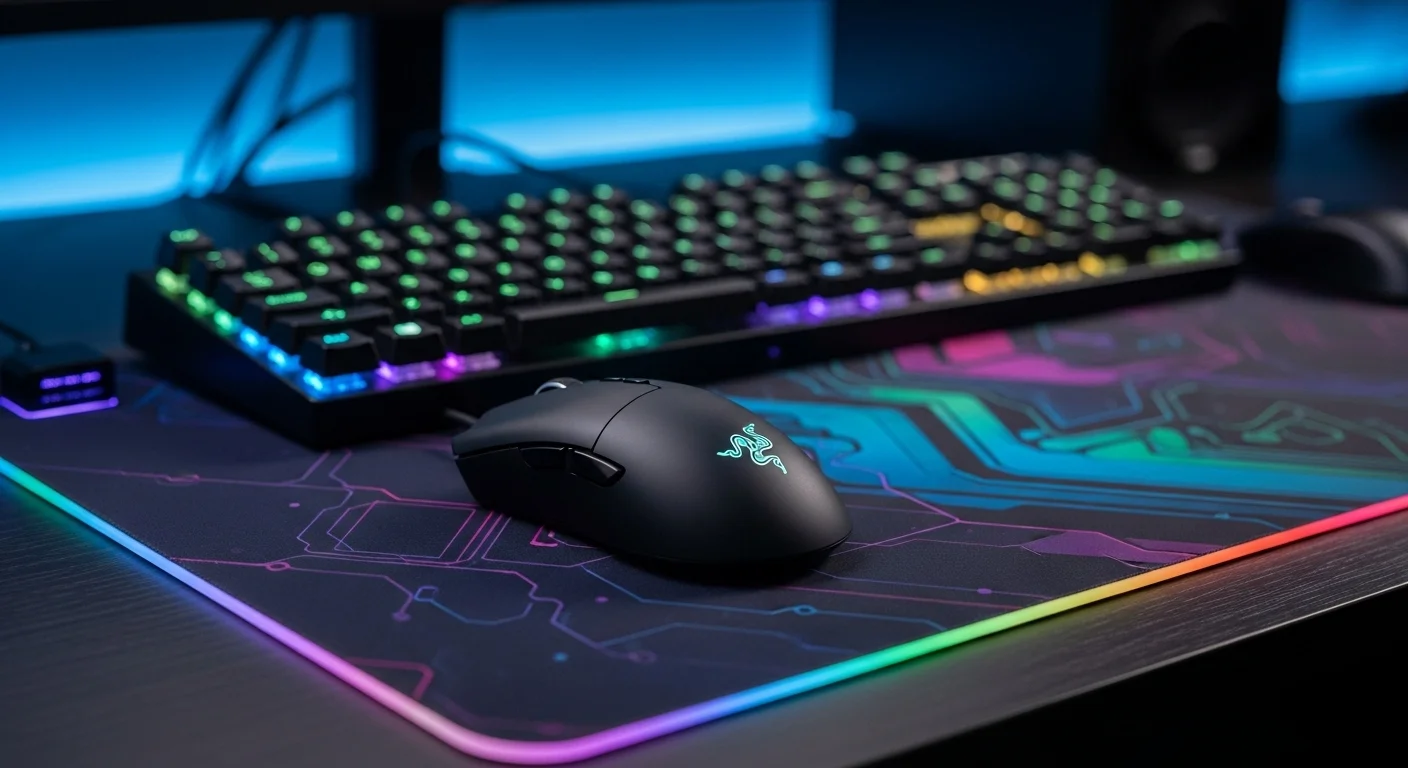 Ratón Razer Mamba Wireless sobre una alfombrilla iluminada con RGB, junto a un teclado mecánico, demostrando un setup de computadoras de alto rendimiento.