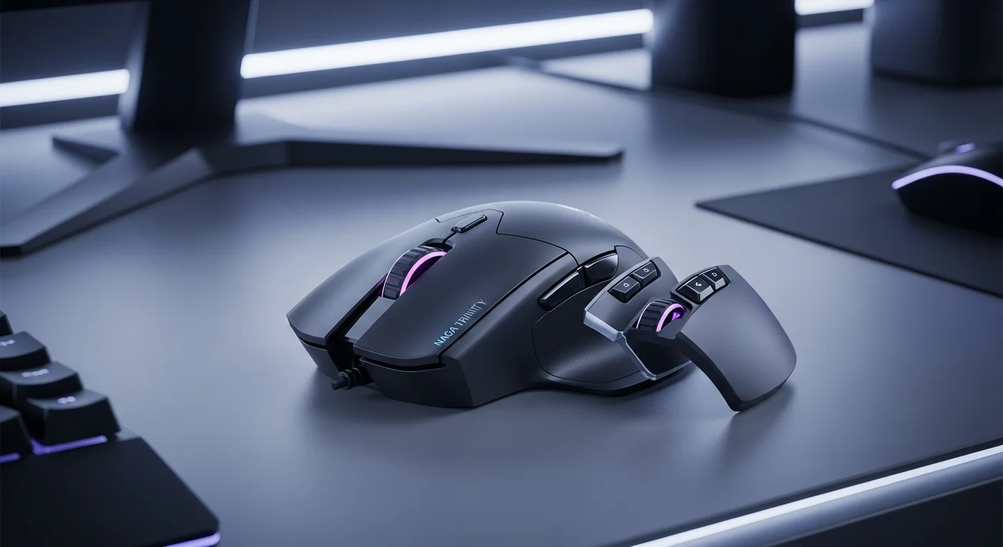 Una imagen detallada del mouse Razer Naga Trinity con sus tres placas laterales intercambiables sobre un escritorio de computadoras moderno e iluminado.