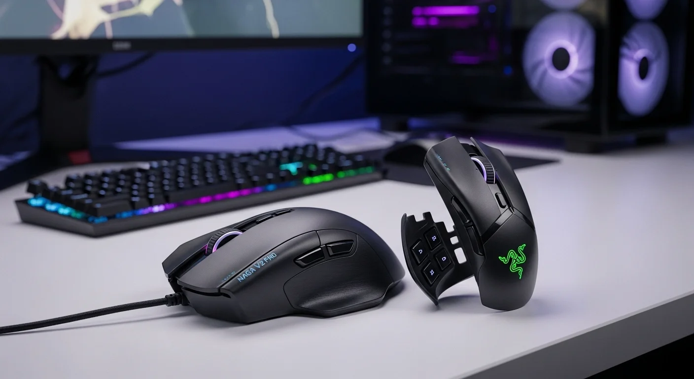 Mouse Razer Naga V2 Pro con sus placas laterales intercambiables sobre un escritorio con una computadora gaming de fondo.
