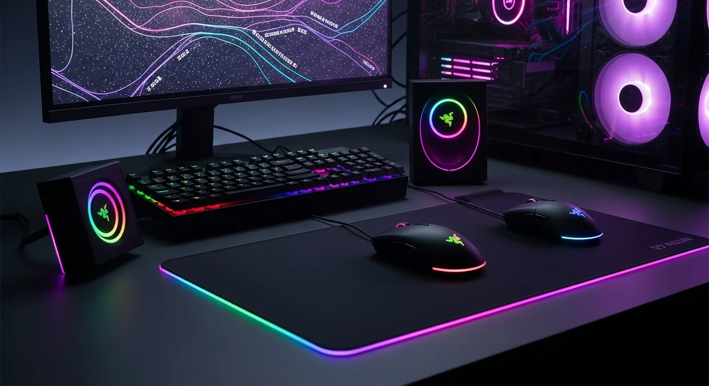 Una configuración de computadora de alta gama con varios periféricos de la serie Razer V2, incluyendo ratones y una alfombrilla, iluminados con RGB.