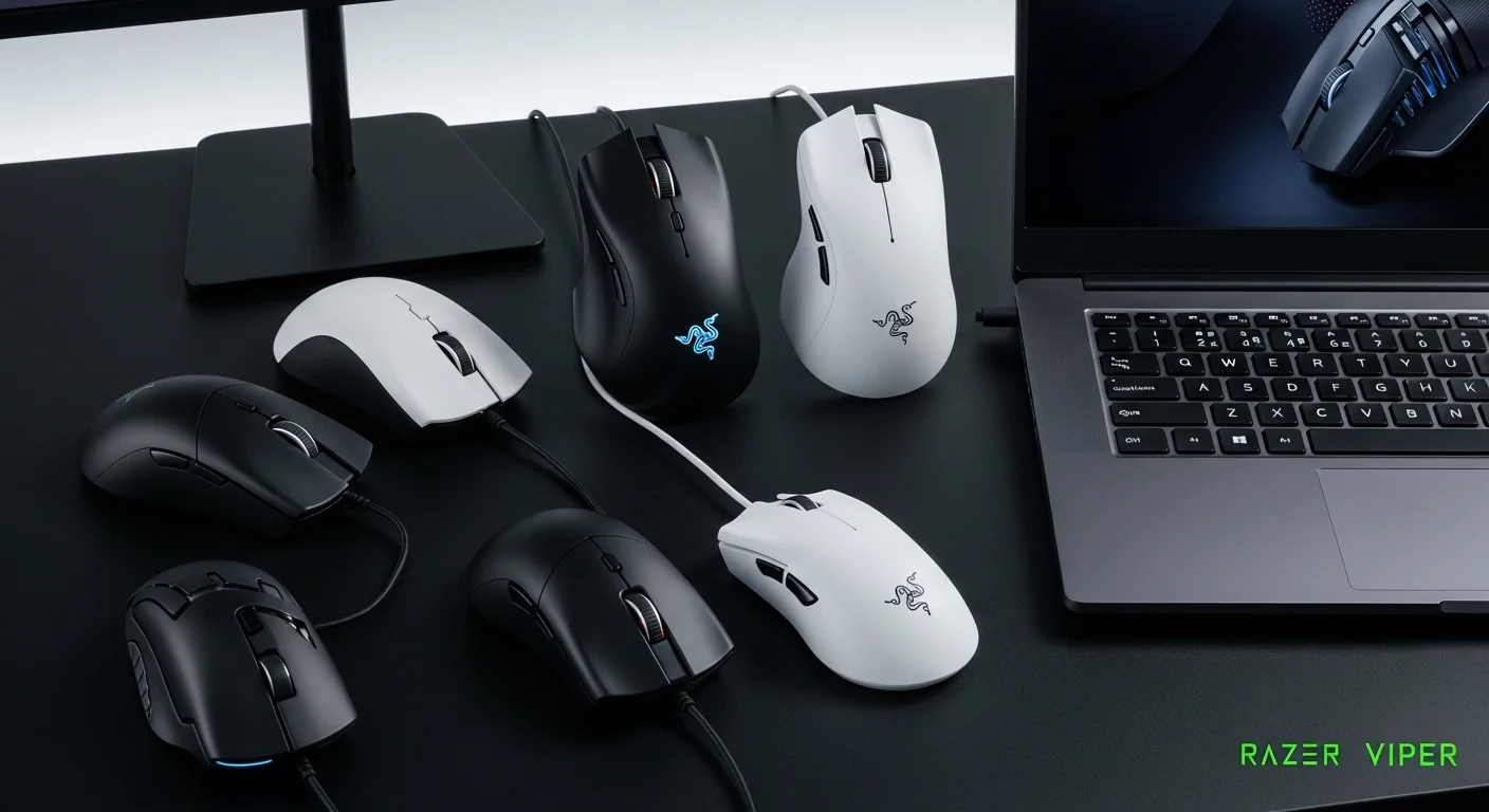 Una composición de varios ratones de la línea Razer Viper en blanco y negro sobre un escritorio moderno junto a una computadora portátil para gaming